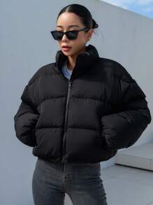 DAZY 拉链落肩棉服大衣，女士冬季休闲口袋，拉链落肩立领常规版型黑色纯色女士棉服大衣，冬季保暖/冬季时尚，冬季女装，女士棉服大衣夹克 - 黑色 - 查看 4