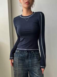 DAZY Top-stitching Ribbed Knit Tee