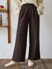 FRIFUL Plaid Print Elastic Waist Pants,Teacher Pants - Brown - View 3