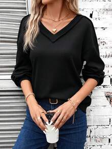 SHEIN LUNE Solid Drop Shoulder V Neck Sweatshirt - Black - View 3