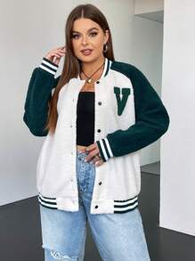 SHEIN EZwear Plus Letter Patched Striped Trim Raglan Sleeve Teddy Varsity Jacket - Multicolor - View 6
