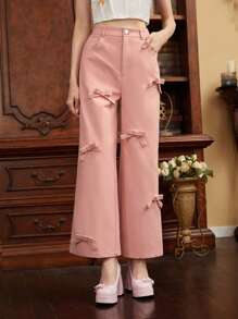 SHEIN MOD 前部蝴蝶结粉色春假阔腿裤 - 粉色 - 查看 4