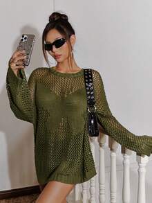 SHEIN ICON 嬉皮落肩開領針織毛衣 - 軍綠色 - 查看 5