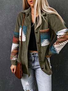 CILKOO Geo Print Drop Shoulder Corduroy Shirt - Army Green - View 5