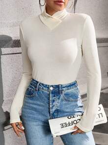 SHEIN Essnce Chất rắn Cổ giả Áo thun - Màu be - Xem 4