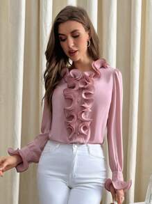 SHEIN Privé Ruffle Trim Flounce Sleeve Blouse - Pink - View 5