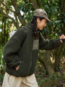 DAZY Dây kéo Thả vai Áo Teddy Jackets - màu xanh lá - Xem 5