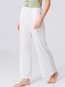 Pantalon Droit Unicolore Côtelé - Blanc - Voir 5
