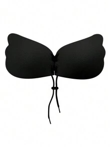 Women Black Fabric Plain Lace Up Strapless Push Up Sticky Bra For Casual Comfy Style