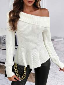 SHEIN Clasi 翻折露肩羅紋針織毛衣