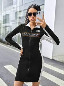 Teen Girl 1pc Letter Embroidery Zip Up Contrast Side Seam Dress - Black and White - View 5
