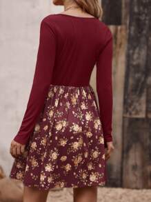 SHEIN LUNE 花卉印花湯匙領洋裝 - 酒紅色 - 查看 2