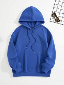 SHEIN EZwear Đồ họa Khẩu hiệu Thả vai Hoodie - Màu xanh lam - Xem 2