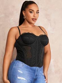 SHEIN BAE Plus Lace Panel Bustier Cami Top - Black - View 5