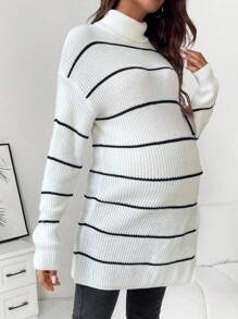 SHEIN Maternity Striped Pattern Turtleneck Drop Shoulder Split Hem Sweater With Long Sleeve, For Winter - Black and White - View 4