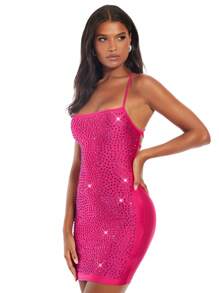 SHEIN BAE Vestido ajustado con lentejuelas, espalda cruzada y detalle de diamantes de imitación - Rosa Fucsia - Ver 5