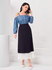 SHEIN Privé Cold Shoulder Lantern Sleeve Denim Top - Medium Wash - View 1