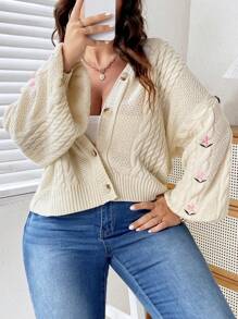 Celure Plus Floral Embroidery Cable Knit Drop Shoulder Cardigan - Beige - View 2