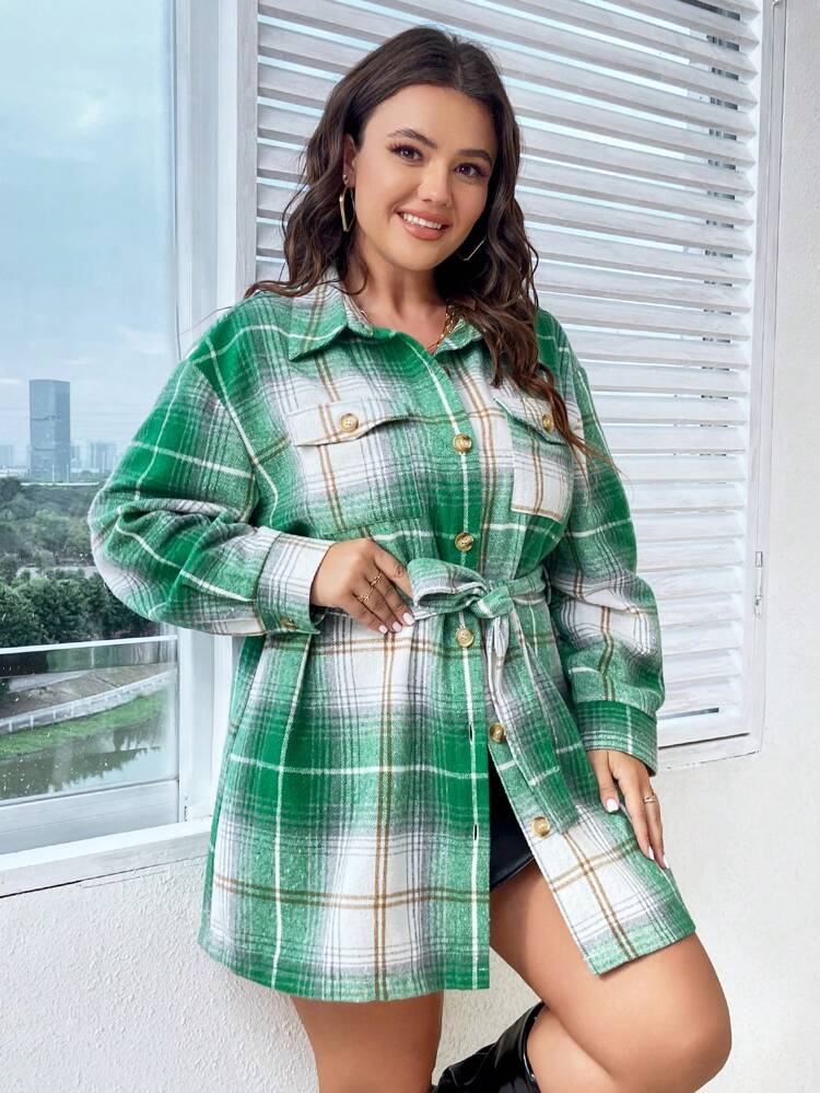 Plus Plaid Print Drop Shoulder Belted Coat
