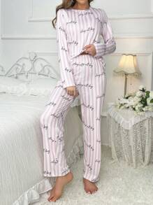 Lazeform Striped & Letter Graphic Tee & Pants PJ Set / Pajama Set Holiday Season, Fall Clothes Cozy And Elegant Details, Winter - Baby Pink - View 5