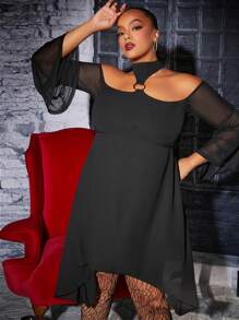 SHEIN SXY 大碼環鏈鏤空荷葉袖不對稱下擺雪紡洋裝 - 黑色 - 查看 1