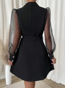 SHEIN Frenchy Contrast Mesh Puff Sleeve Double Breasted Belted Dress - Black - View 2