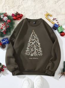 SHEIN Qutie 1pc Christmas Tree Print Thermal Lined Sweatshirt Pullover Fall Outfit - Army Green - View 1