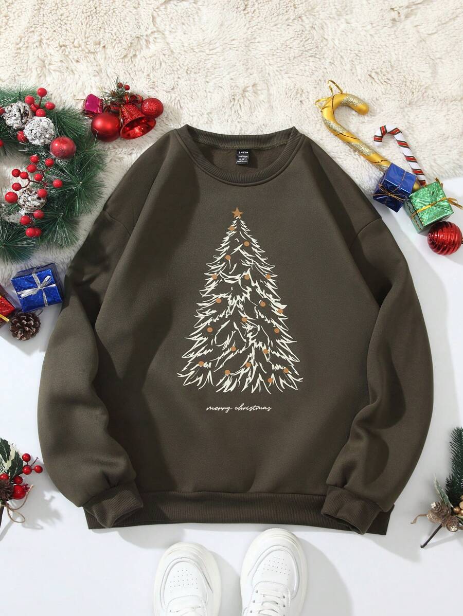 SHEIN Qutie 1pc Christmas Tree Print Thermal Lined Sweatshirt Pullover Fall Outfit - Army Green - View 1