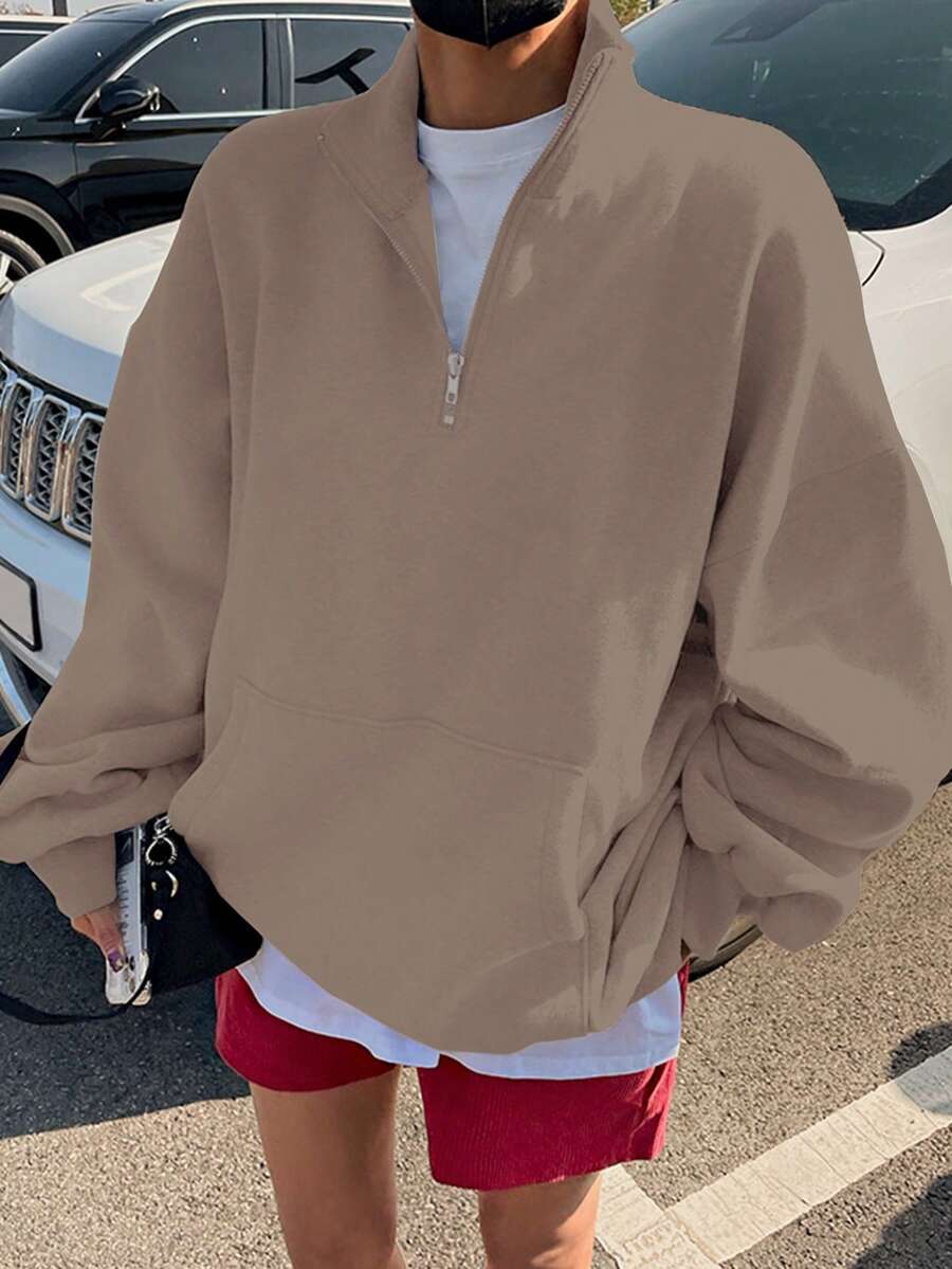 DAZY Half Zip Kangaroo Pocket Drop Shoulder Sweatshirt - Khaki - View 1