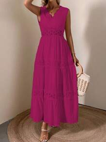 Breezaya Guipure Lace Insert Ruffle Hem Dress - Hot Pink - View 3