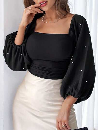 SHEIN Privé Ngọc trai đính cườm Cổ vuông Tay áo lồng đèn Viền ven Áo phông Crop
