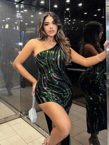 SHEIN SXY One Shoulder Split Thigh Sequin Fall Dress - Multicolor - View 5