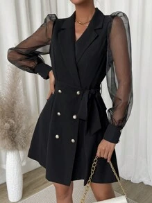 SHEIN Frenchy Contrast Mesh Puff Sleeve Double Breasted Belted Dress - Black - View 1