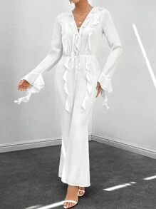 SHEIN Privé Flare Sleeve Ruffle Trim Tie Front Flare Leg Jumpsuit