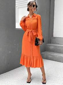 SHEIN Essnce Lantern Sleeve Ruffle Hem Belted Shirt Dress - Orange - View 4