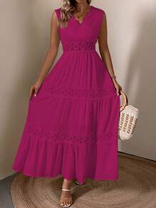 Breezaya Guipure Lace Insert Ruffle Hem Dress - Hot Pink - View 6