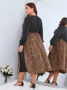 SHEIN Clasi Plus Leopard Print Surplice Neck Lantern Sleeve Dress - Multicolor - View 2