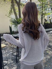 DAZY Solid Drop Shoulder Open Knit Sweater - Baby Blue - View 2