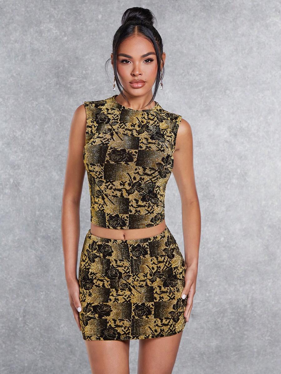 SHEIN BAE Floral Print Crop Tank Top & Bodycon Skirt - Multicolor - View 1