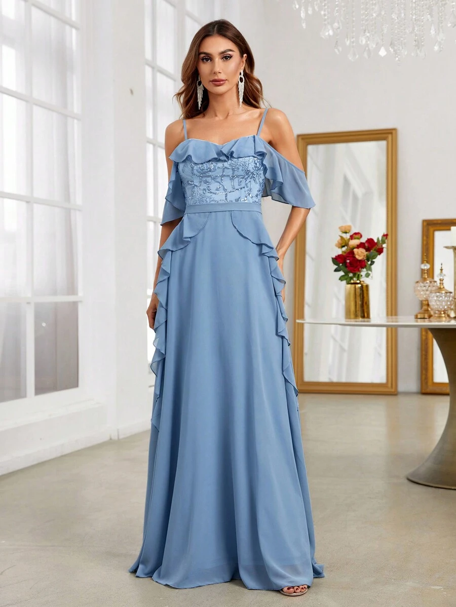 SHEIN Belle 挖肩荷葉邊亮片拼接雪紡伴娘洋裝 - 藍色 - 查看 1