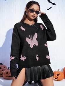 SHEIN Unity Butterfly Pattern Drop Shoulder Sweater - Multicolor - View 5