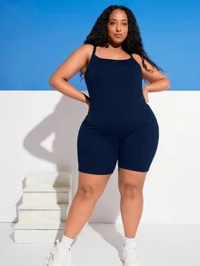 SHEIN CURVE+ Plus Solid Cami Romper - Navy Blue - View 4
