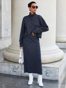 RueChic Turtleneck Drop Shoulder Sweater & Knit Skirt - Navy Blue - View 5