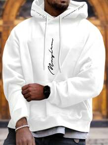 Manfinity Homme Loose Men's Letter Graphic Hoodie With Kangaroo Pocket And Drawstring - White - View 1