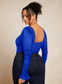 SHEIN BAE 大碼鉤眼扣褶邊網紗上衣 - 寶藍色 - 查看 2