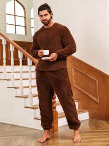 Men Solid Teddy PJ Set - Brown - View 5