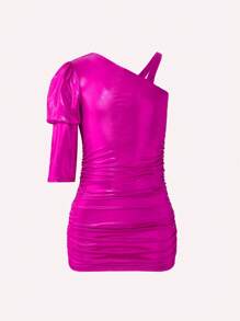 SHEIN Young Girl Asymmetrical Neck Puff Sleeve Ruched Side Ruched Dress - Hot Pink - View 1