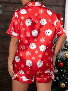 Talla grande Conjunto de pijama Navidad copo de nieve & con muñeca de nieve con estampado ribete en contraste de satén