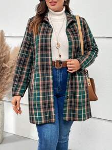 EMERY ROSE Plus Plaid Print Button Front Overcoat - Green - View 1
