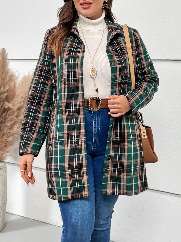 Plus Plaid Print Button Front Overcoat